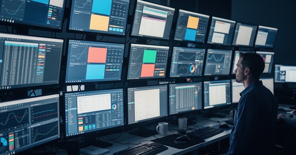 An engineer dwarfed by a wall of monitors, each running a different disconnected management console